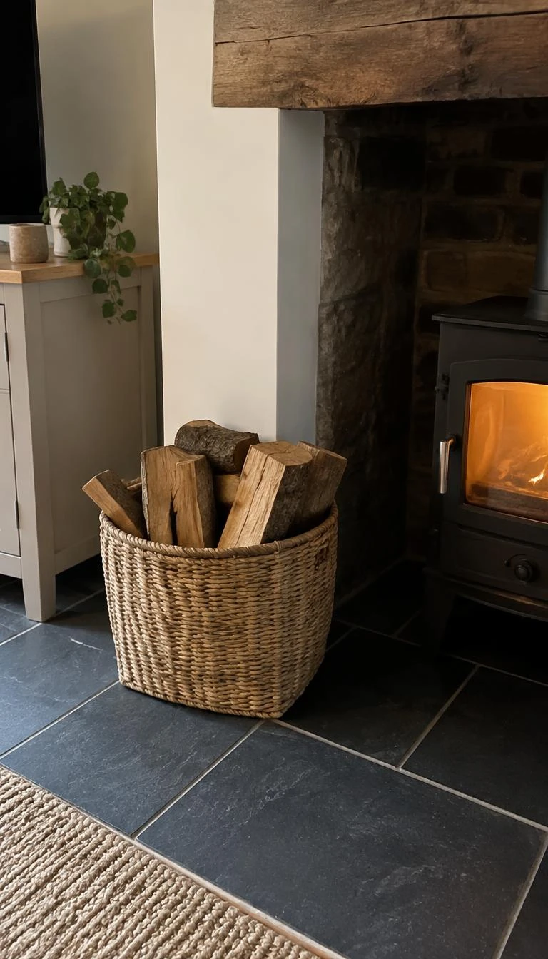 A candid, realistic iPhone photograph of a living room fireplace corner, with split dry oak logs stacked neatly inside a sturdy woven ash splint basket on dark slate floor tiles.