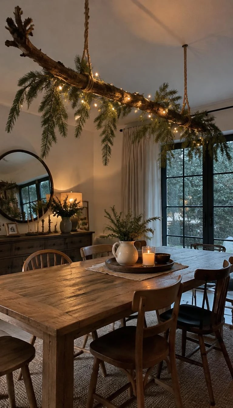 A candid, realistic iPhone photograph of a rustic dining room, where a sturdy foraged oak branch hangs horizontally over a wooden table, wrapped with micro fairy lights and trailing green pine sprigs.