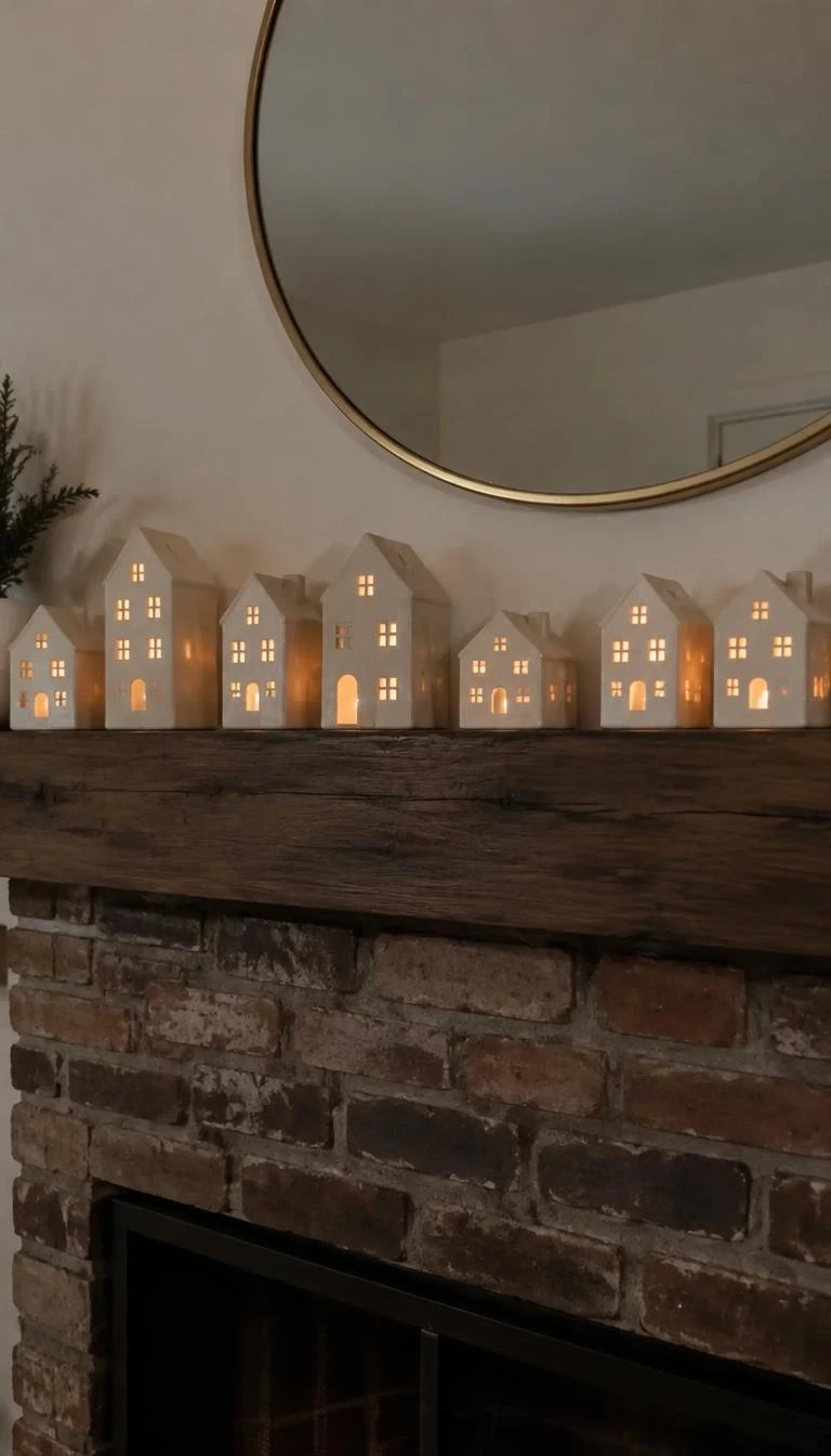 A candid, realistic iPhone photograph of a brick fireplace mantel, featuring an uneven row of unglazed matte white ceramic houses with small cut windows, lit softly by tea lights inside.
