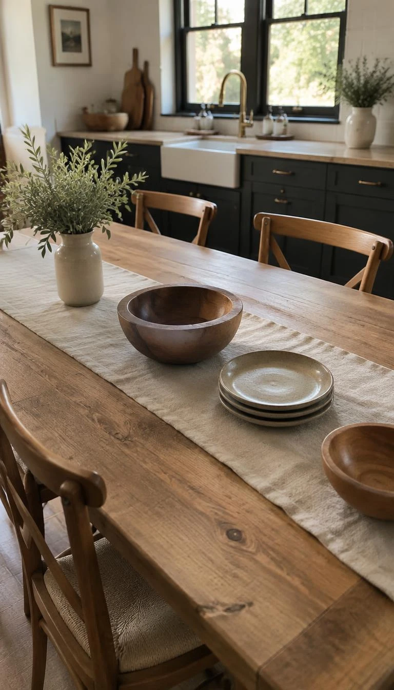 A candid, realistic iPhone photograph of a kitchen dining area, where an oatmeal linen runner lies along an unfinished trestle table, flanked by simple wooden bowls and stoneware plates in natural daylight.
