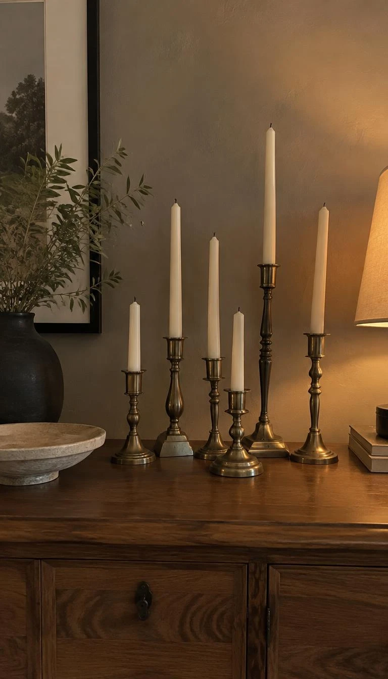 A candid, realistic iPhone photograph of a dining room sideboard, featuring an asymmetrical collection of seven vintage brass candlesticks of different heights holding ivory taper candles, set against a warm gray plaster wall, soft evening light.