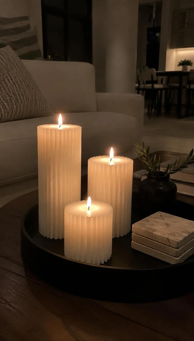 A candid, realistic iPhone photograph of a modern living room coffee table, showing three fluted white pillar candles of varying heights grouped on a matte black metal tray, glowing softly in a dim room.