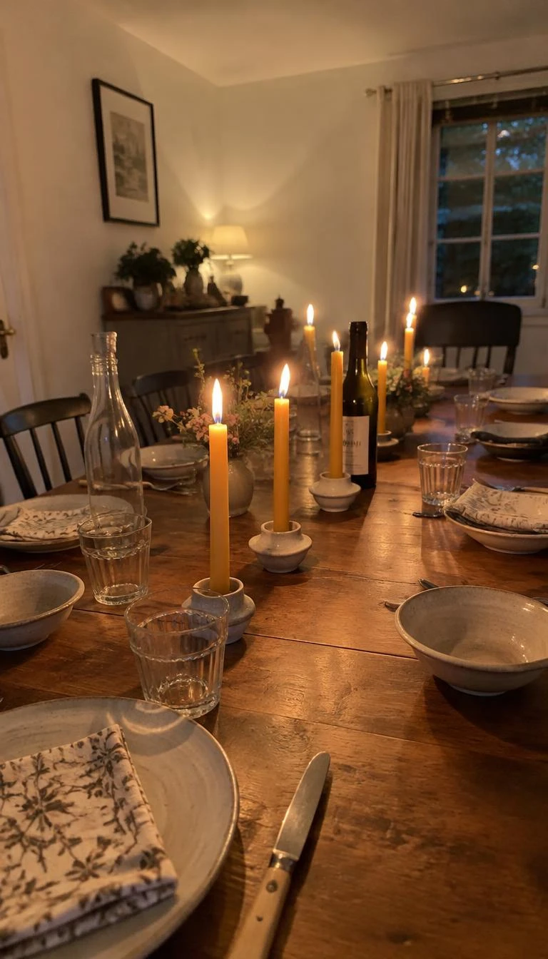 A candid, realistic iPhone photograph of a long wooden dining table set for a meal, featuring five golden yellow beeswax candles standing in low ceramic pinch pots running down the center, warm golden candlelight.