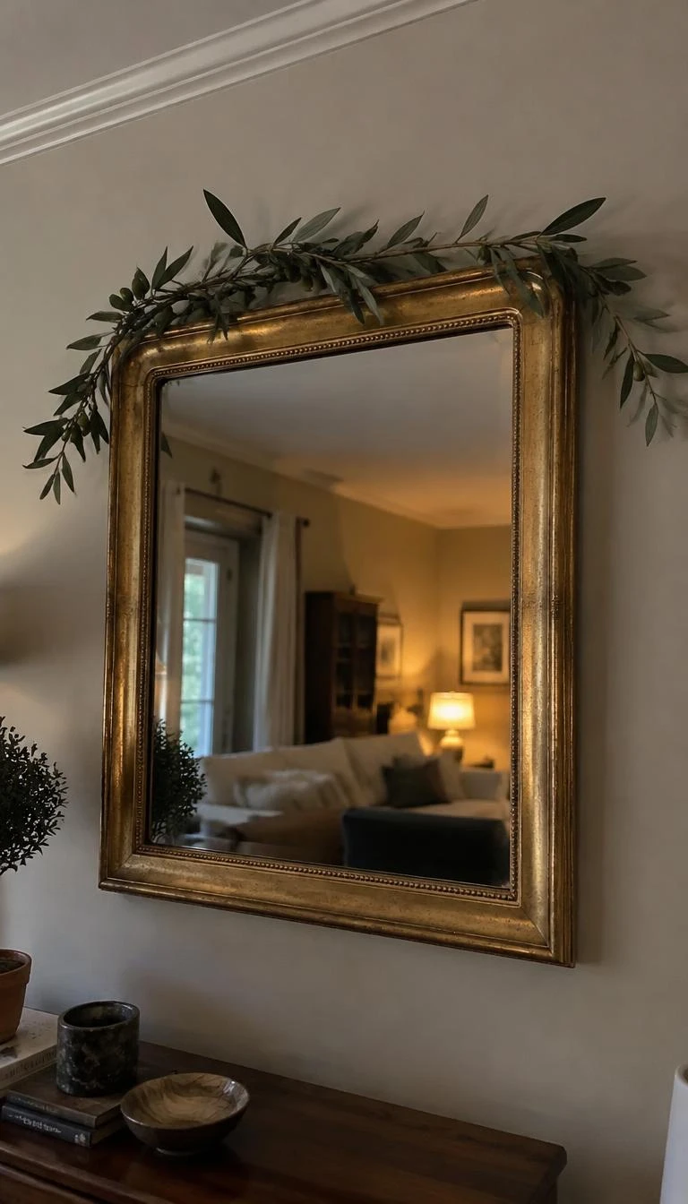 A candid, realistic iPhone photograph of a living room wall, showing a vintage gold leaf framed mirror with three silver green olive branches resting casually along its top edge, warm reflection of the room inside.