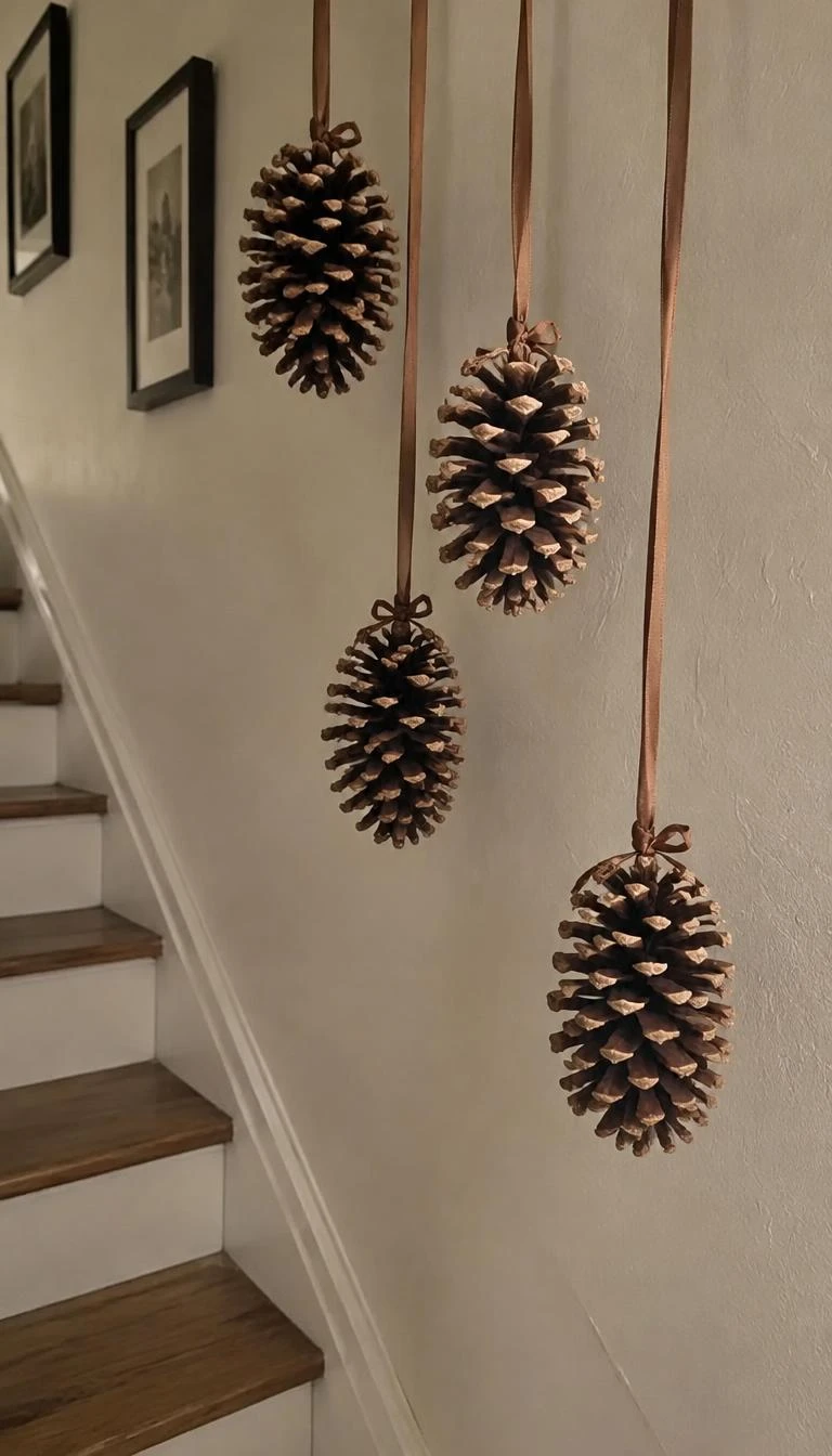 A candid, realistic iPhone photograph of an interior passage or staircase, showing four large natural sugar pine cones hanging at staggered heights from thin copper brown satin ribbons against a plaster wall.