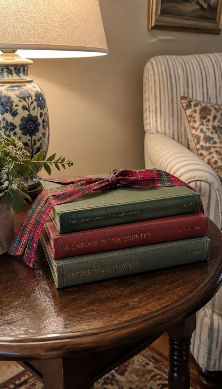 A candid, realistic iPhone photograph of a side table beside an armchair, showing three clothbound vintage hardback books stacked horizontally with a red and green wool tartan ribbon draped across the top cover, soft reading lamp light.