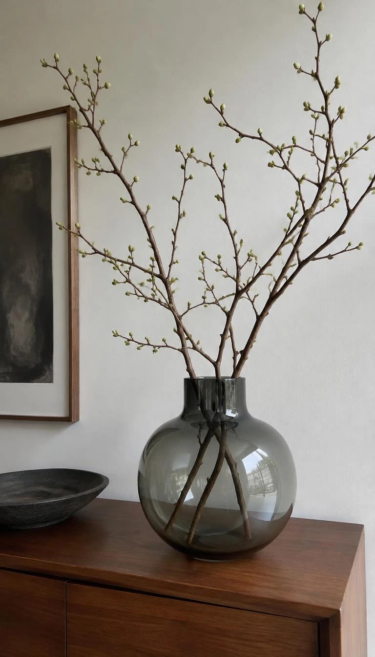 A candid, realistic iPhone photograph of a dining table sideboard, showing several tall bare quince branches with budding tips resting inside a heavy smoky grey blown glass vase, soft daylight coming from the side.