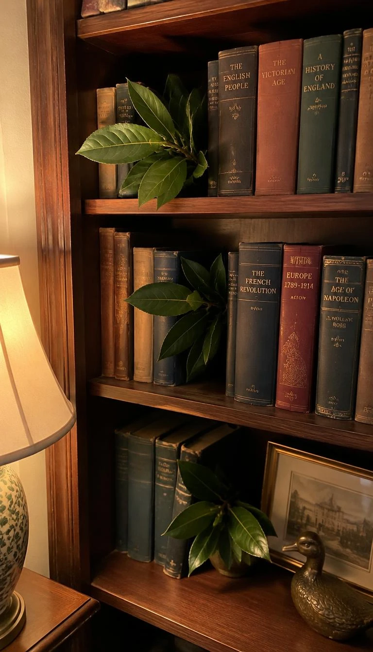 A candid, realistic iPhone photograph of a study bookcase, showing several sprigs of fresh glossy bay laurel leaves inserted horizontally between stacks of vintage hardback books, warm lamplight illuminating the dark wood shelves.