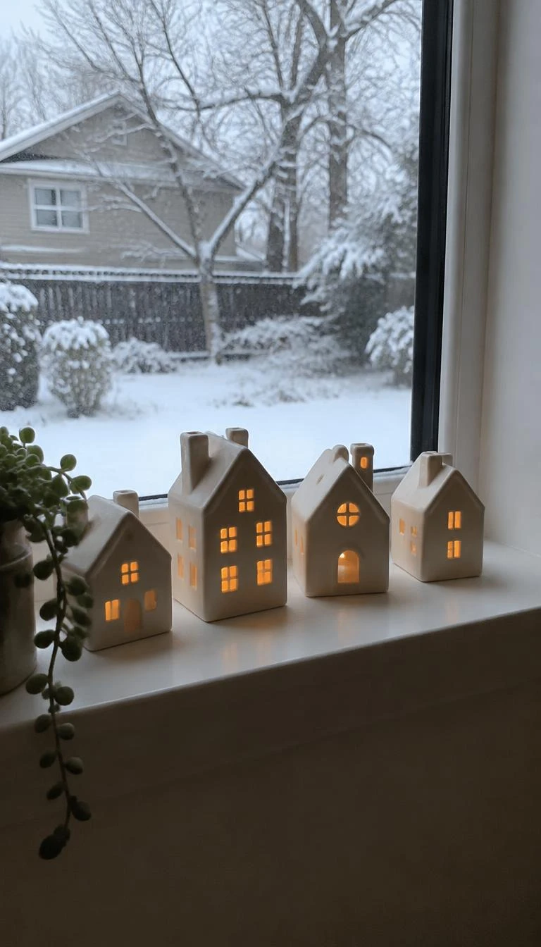 A candid, realistic iPhone photograph of a kitchen windowsill, featuring four varied matte cream ceramic miniature houses arranged in a loose row, warm glow from small battery tea lights inside them, snowy yard outside.