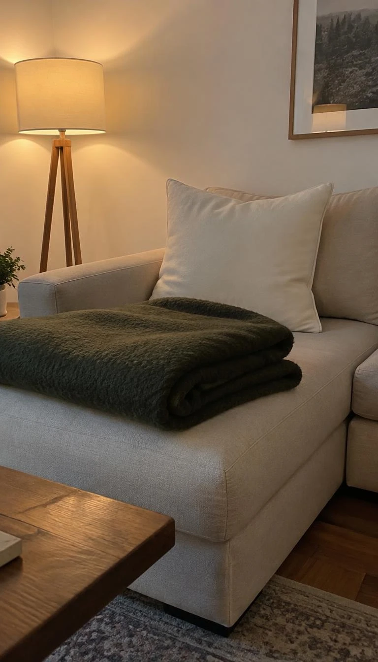 A candid, realistic iPhone photograph of a neutral linen sofa, with a thick forest green boiled wool blanket neatly folded across the chaise section, paired with a plain cream cushion, soft ambient floor lamp illumination.