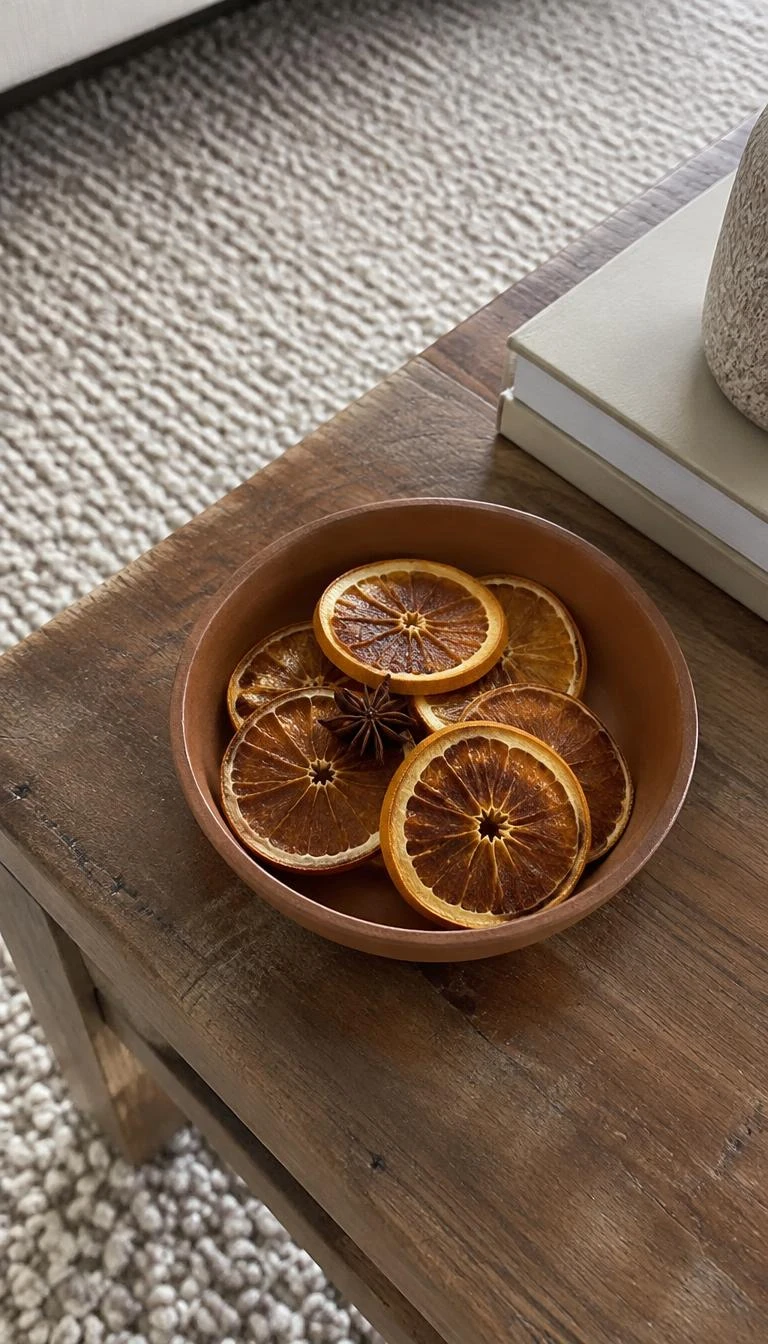 A candid, realistic iPhone photograph of a rustic coffee table, showing a shallow unglazed terracotta bowl filled with dried dark amber orange wheels and a single whole star anise pod, neutral wool rug in the background.