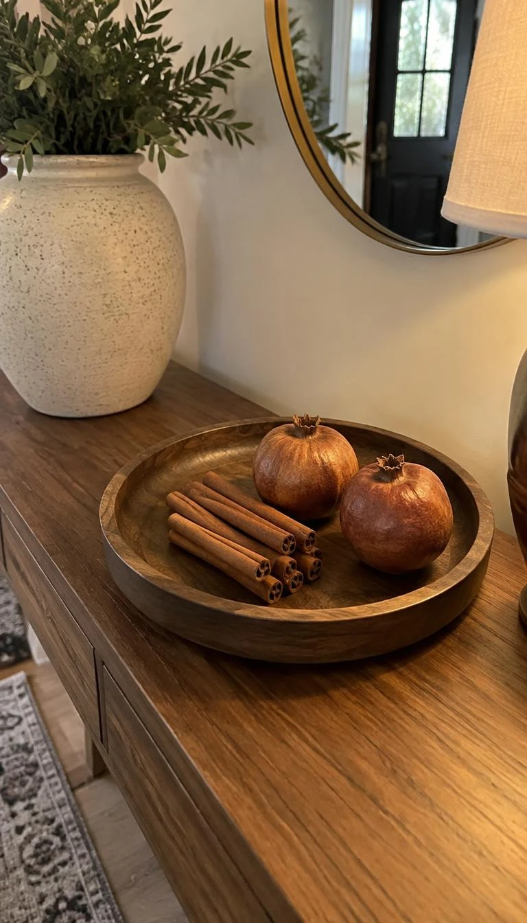 A candid, realistic iPhone photograph of an entryway console table, displaying a shallow round walnut tray holding a small bundle of thick cinnamon quills and two dried whole pomegranates, warm indoor light.