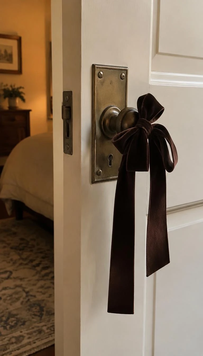 A candid, realistic iPhone photograph of a bedroom passage, showing a single deep chocolate brown velvet ribbon tied in a neat loop over an aged brass door latch, warm painted walls in the background.