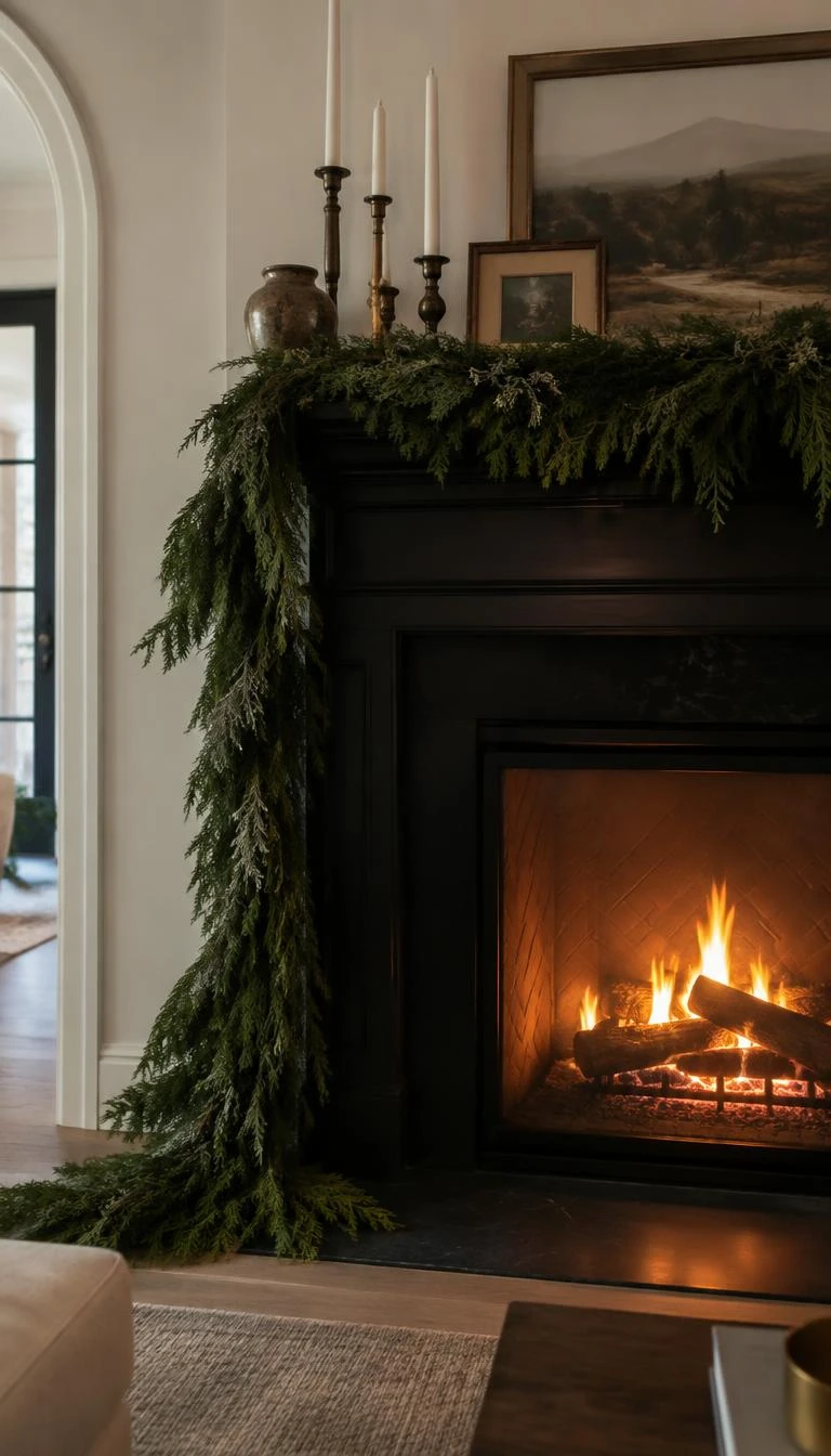 A candid, realistic iPhone photograph of a living room fireplace, showing a thick fresh western red cedar garland draped unevenly across a dark wood mantelpiece with one end pooling onto the floor, gentle firelight glowing from below.