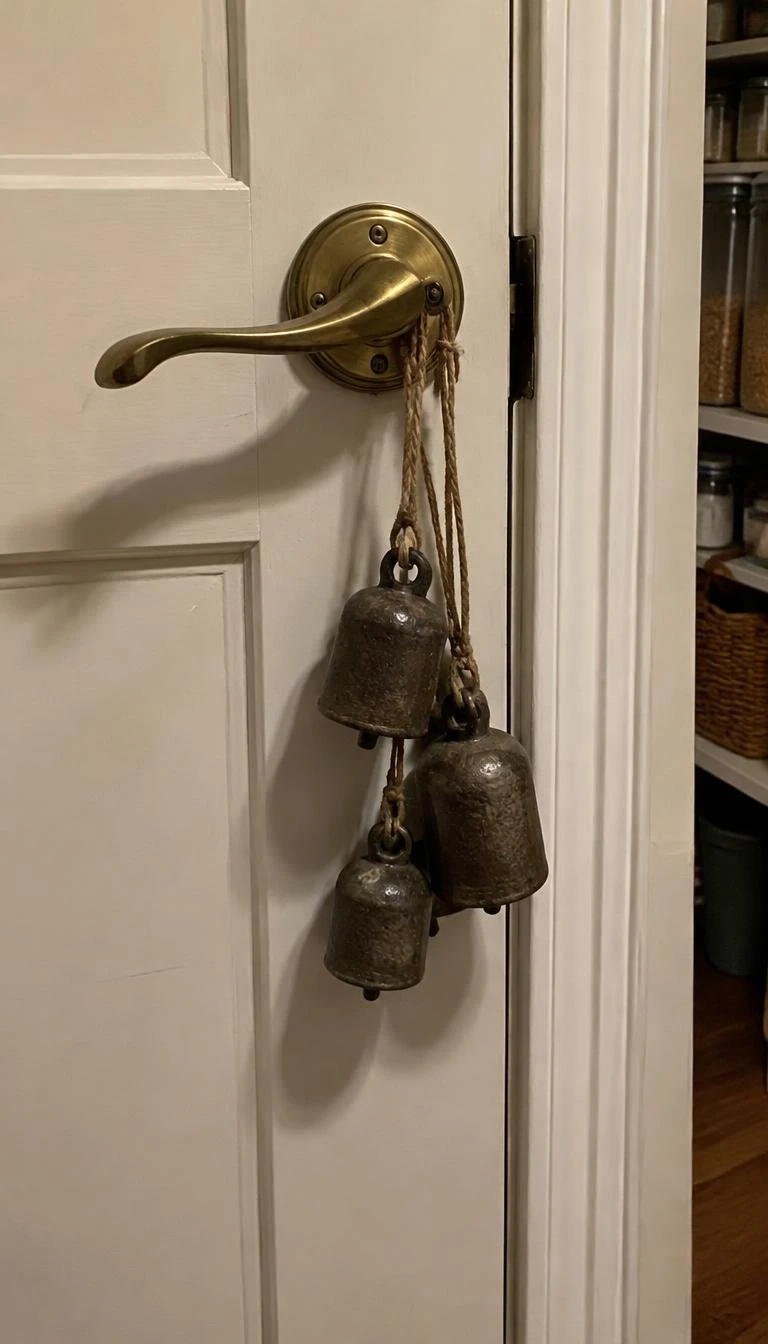 A candid, realistic iPhone photograph of an interior pantry door, showing three tarnished raw iron bells tied to a brass door handle with rough natural jute twine, soft shadows on painted woodwork.