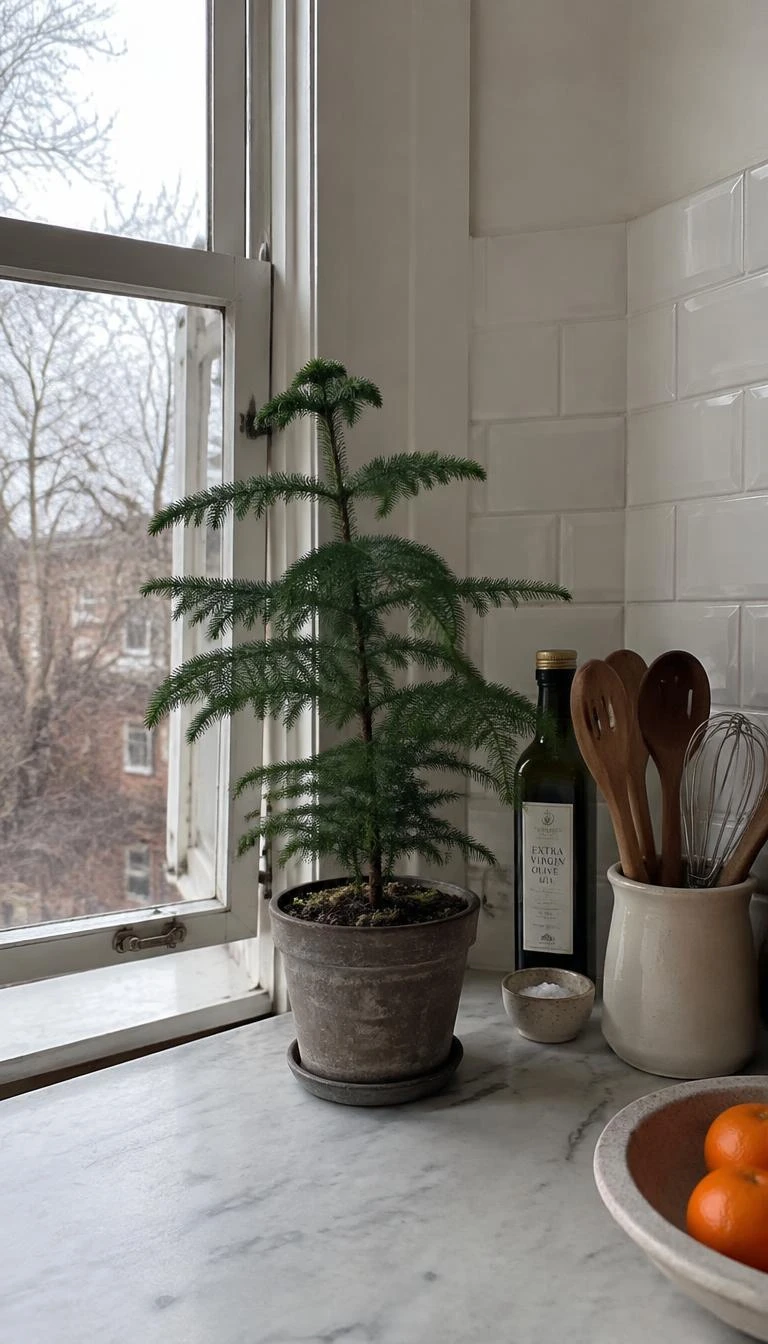 A candid, realistic iPhone photograph of a kitchen counter by an open window, featuring a small potted Norfolk Island pine in an aged grey terra cotta pot, simple white tile backsplash, natural winter daylight.