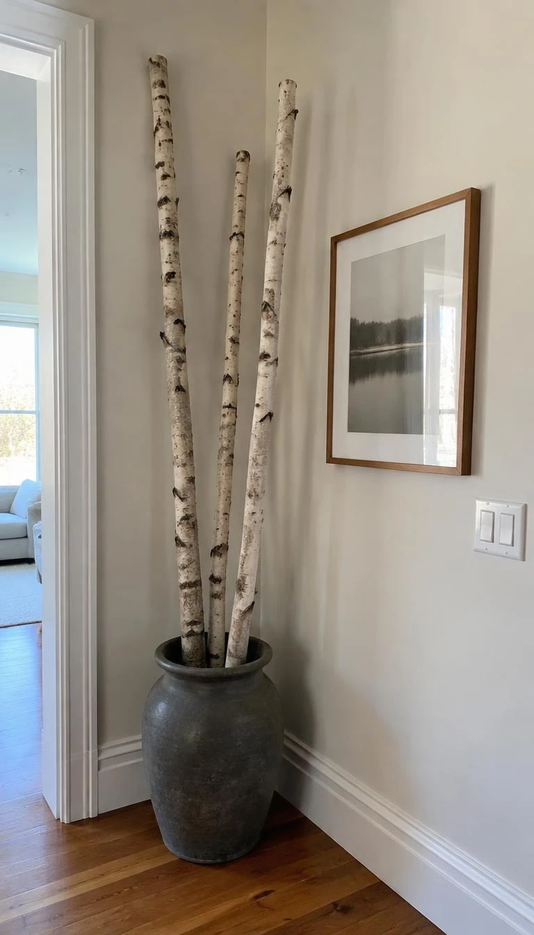 A candid, realistic iPhone photograph of an open hallway corner, featuring three tall white birch branches standing inside a heavy dark gray stoneware crock, natural light entering from an adjacent doorway.