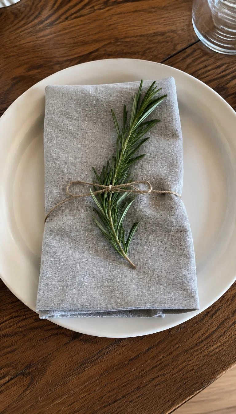 A candid, realistic iPhone photograph of a place setting on a wooden table, showing a washed gray linen napkin folded neatly into a rectangle, tied with thin hemp string holding a fresh green rosemary sprig, white plate below.