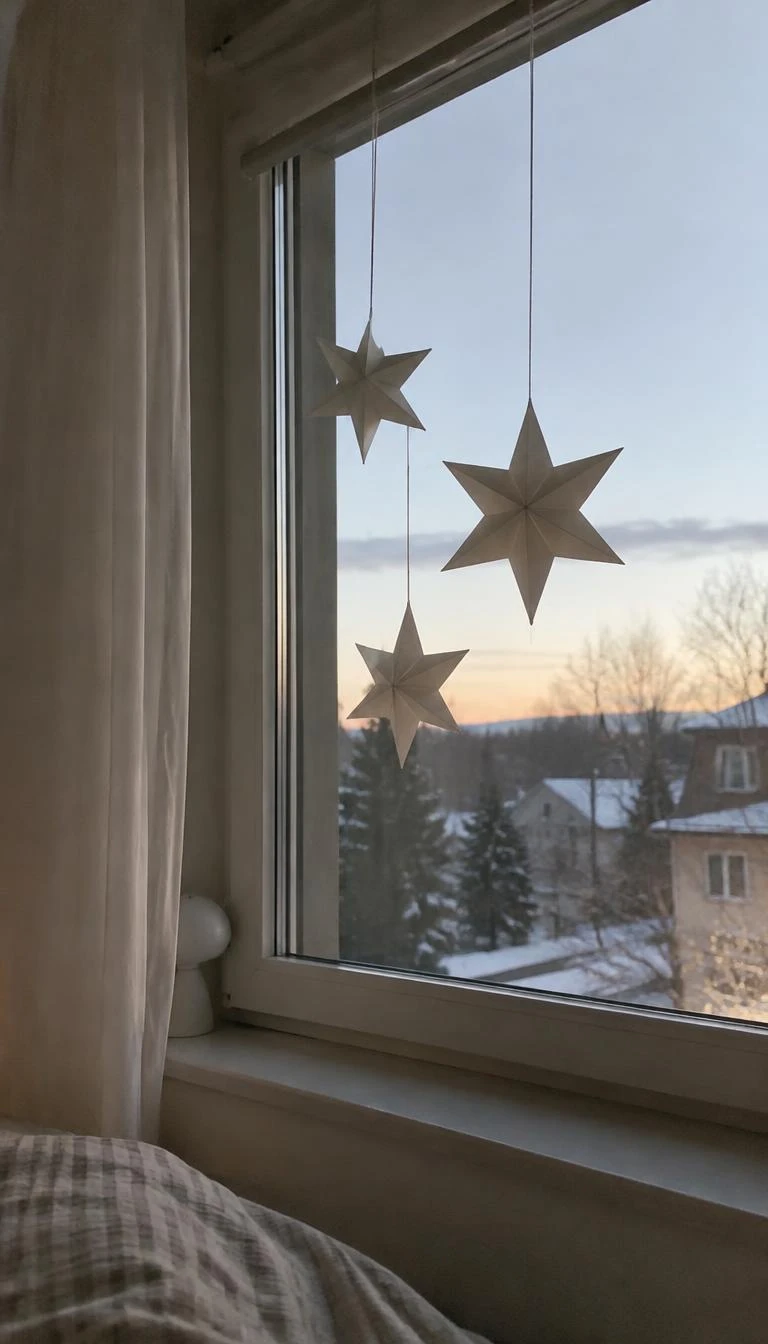 A candid, realistic iPhone photograph of a quiet bedroom window, featuring three folded three dimensional white craft paper stars hanging at varied heights from thin cotton thread, soft snowy dusk visible outside the glass pane.
