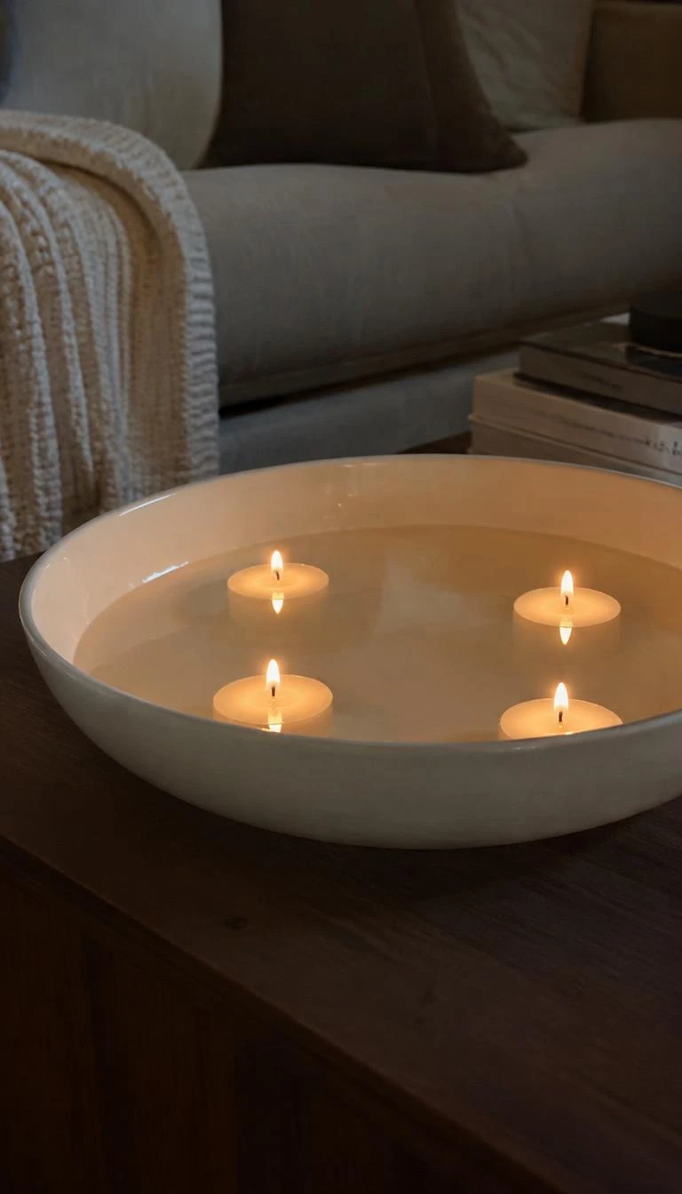 A candid, realistic iPhone photograph of a low coffee table, featuring a wide shallow off white ceramic bowl filled with water holding four floating round white tea lights, glowing reflections on the water surface.