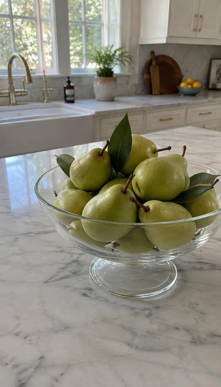 A candid, realistic iPhone photograph of a bright kitchen island, focusing on a heavy footed clear glass bowl piled high with fresh green d'Anjou pears and three dark bay leaves, clean marble countertop, soft natural morning daylight.
