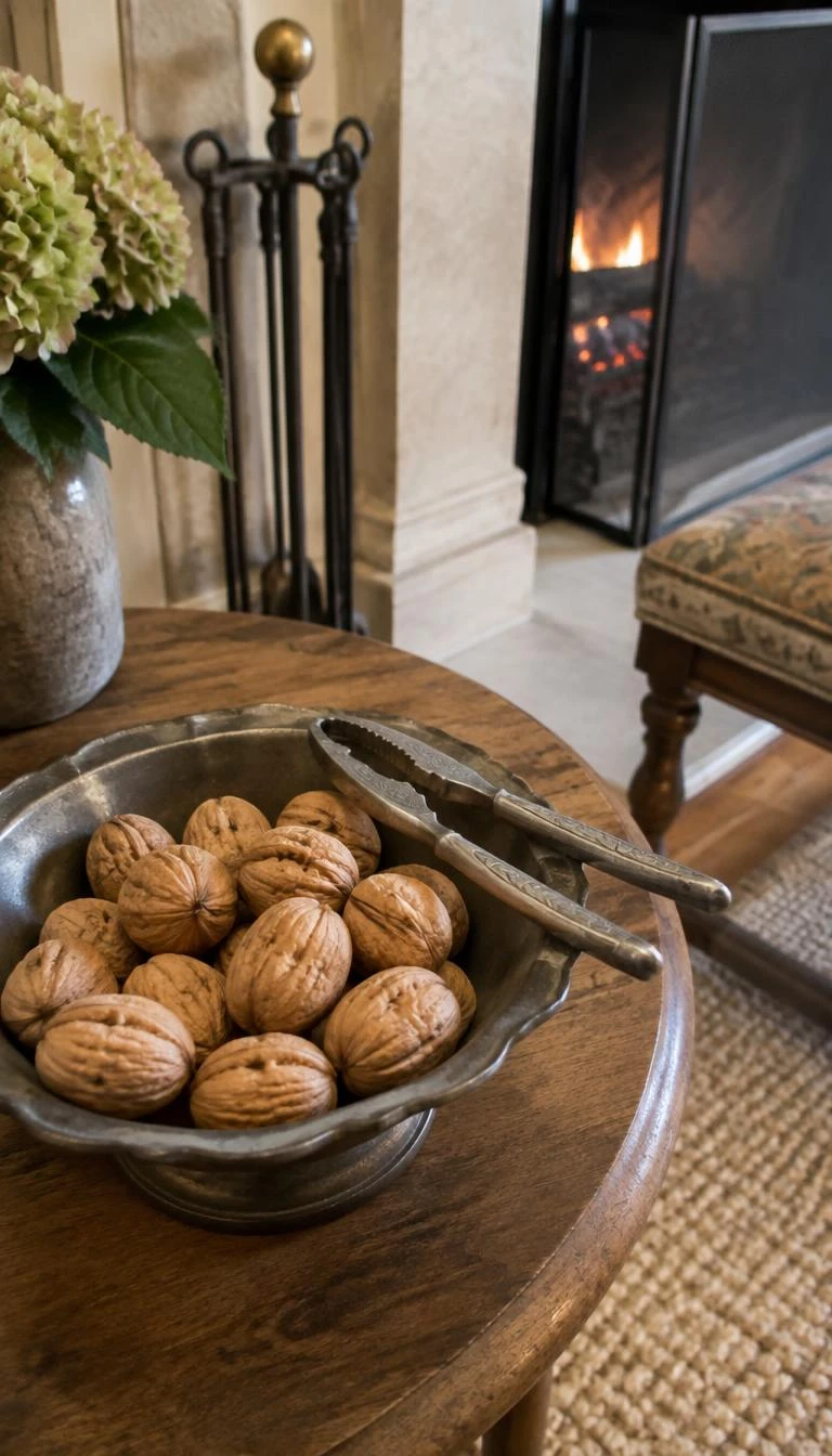 A candid, realistic iPhone photograph of a side table next to a fireplace, showing an antique matte grey pewter dish filled with whole unshelled English walnuts and a vintage metal nutcracker resting on the rim.