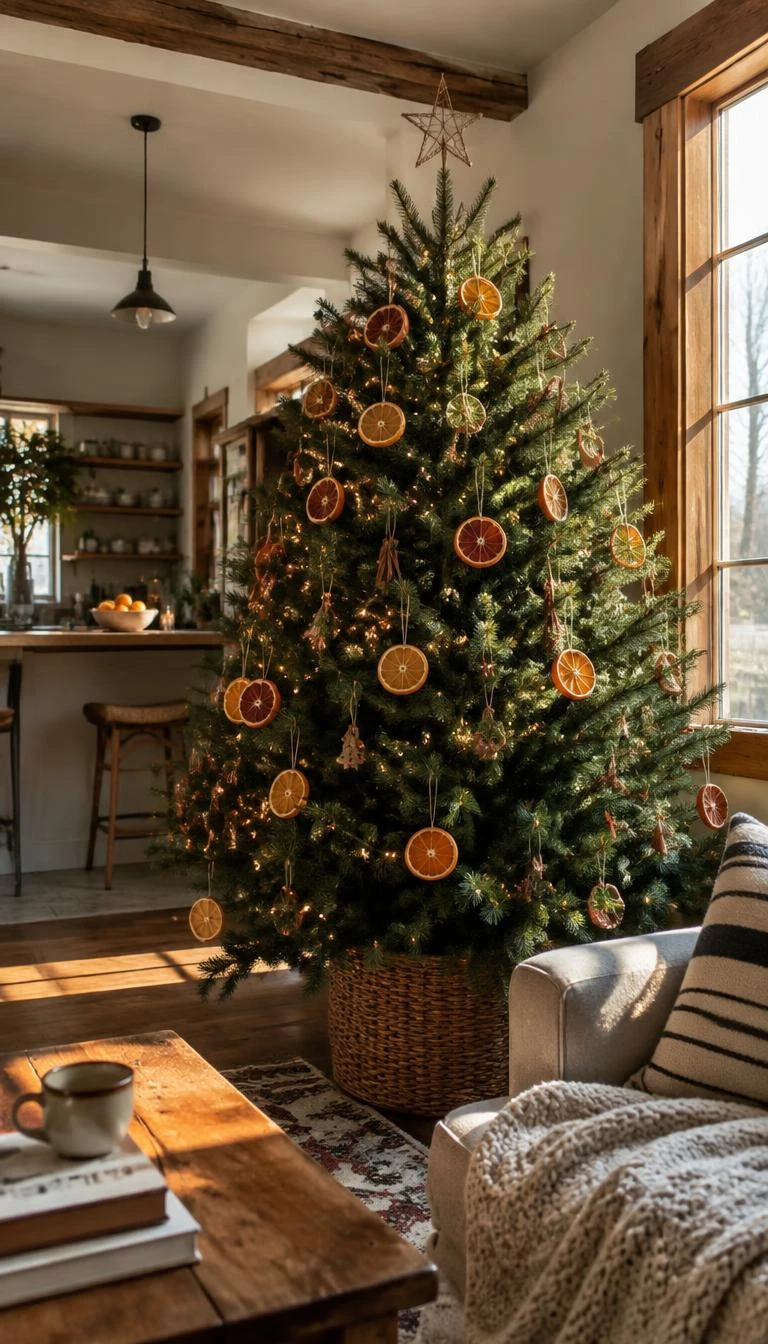 A candid, realistic iPhone photograph of a living room with a Christmas tree, glowing with translucent dehydrated orange and grapefruit wheels, cinnamon sticks, natural twine hangers, positioned near a rustic sunlit window in a warm kitchen sitting area.