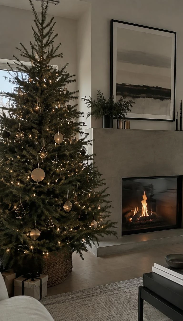A candid, realistic iPhone photograph of a living room with a Christmas tree, decorated with thin black wire geometric shapes, brushed brass discs, delicate warm fairy lights, positioned by a modern concrete fireplace with subtle daytime shadows.