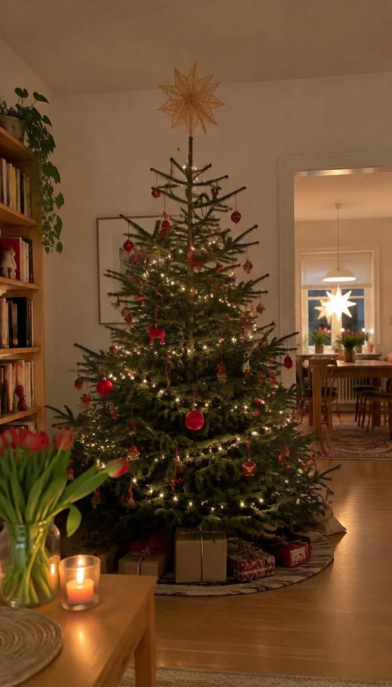 A candid, realistic iPhone photograph of a living room with a Christmas tree, crowned with an intricate woven wheat straw star topper, surrounded by simple red thread ornaments in a warm, timeless living room with soft lighting.