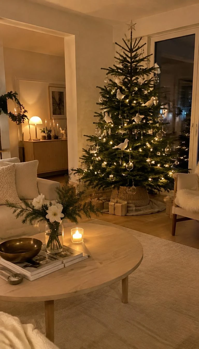 A candid, realistic iPhone photograph of a living room with a Christmas tree, decorated with unglazed white porcelain songbirds, delicate blown glass icicles, warm evening glow in a clean Scandinavian living area with pale wood furniture.