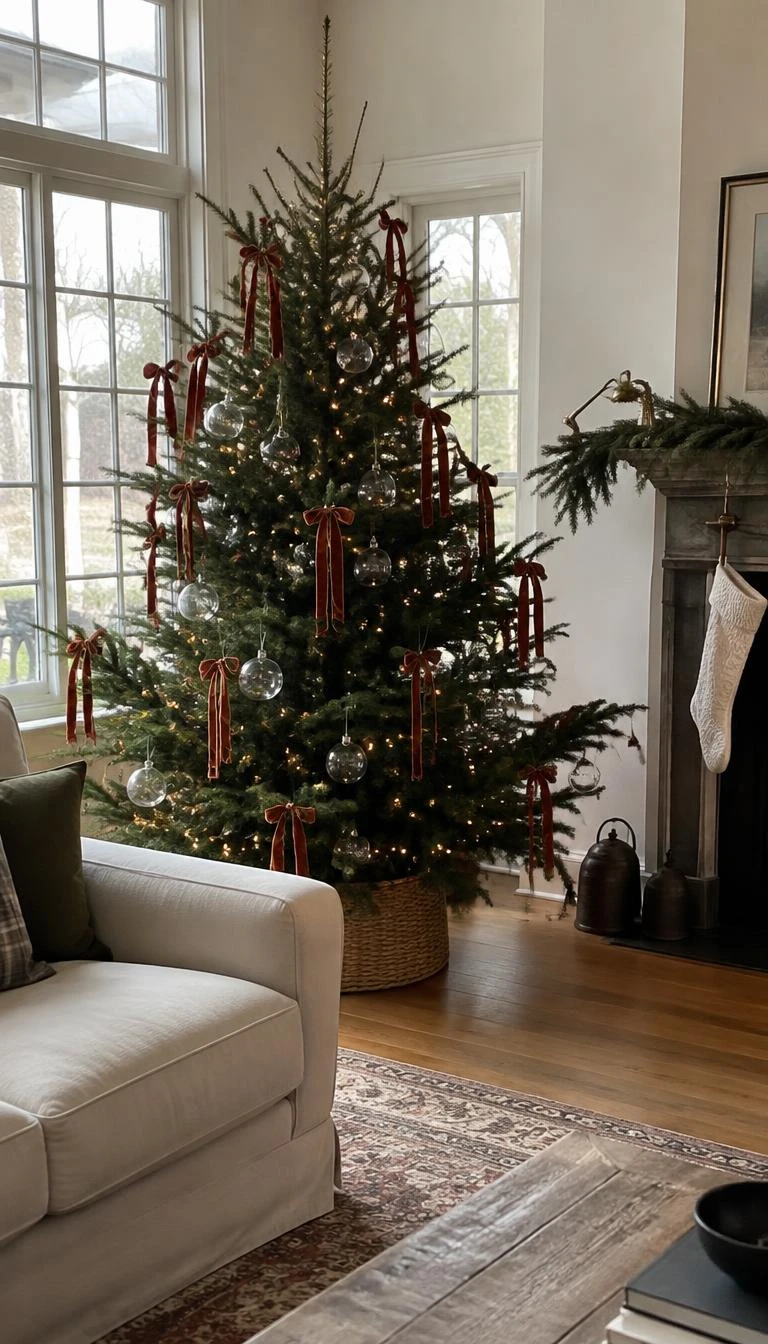 A candid, realistic iPhone photograph of a living room with a Christmas tree, featuring slim rust velvet ribbons tied to pine tips, simple clear glass globes, soft natural daylight entering from tall paned windows onto hardwood floors.
