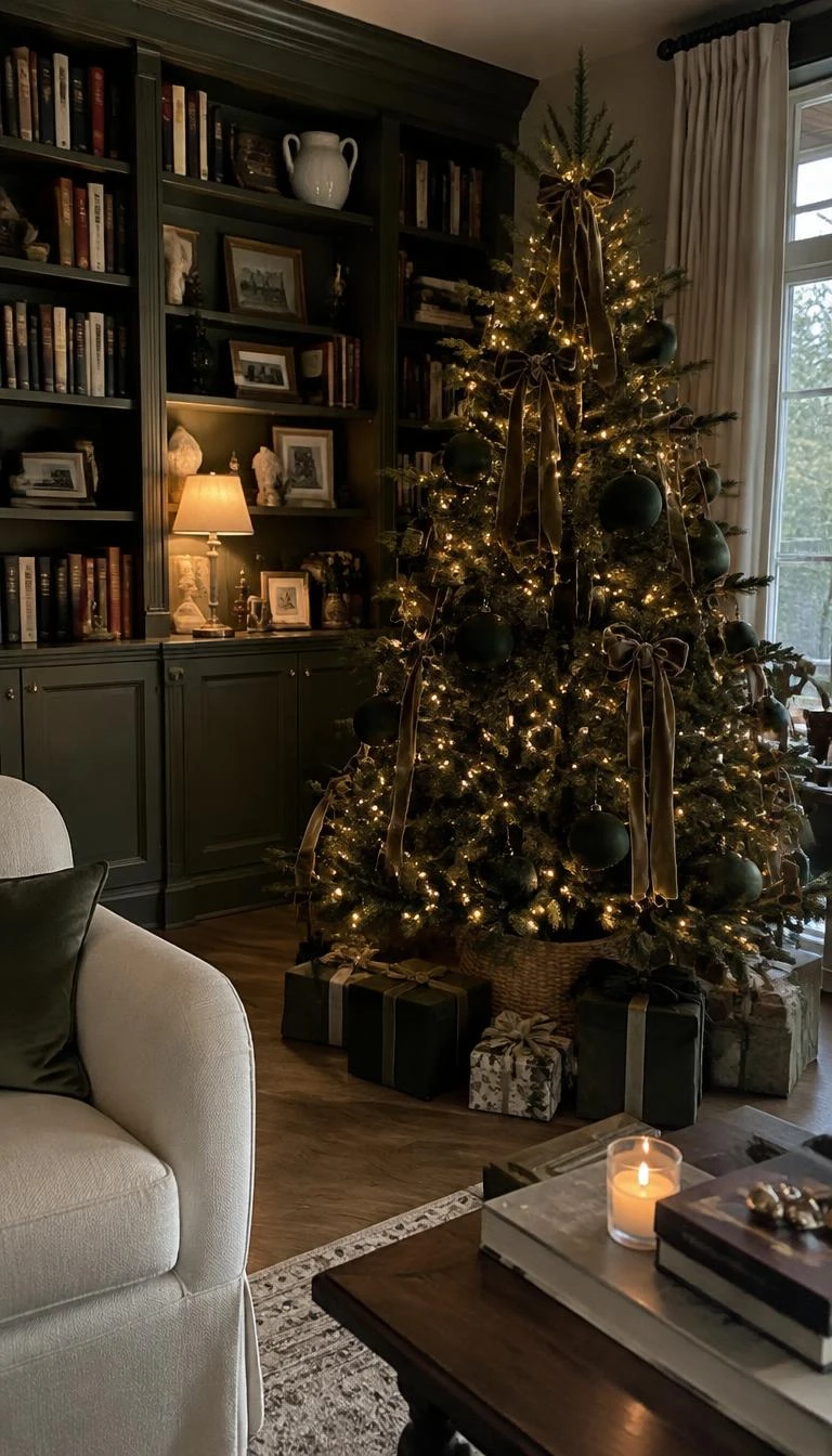 A candid, realistic iPhone photograph of a living room with a Christmas tree, decorated with velvet moss green baubles, taupe ribbon bows, subtle amber micro lights, set within a calm library with dark green painted bookshelves.