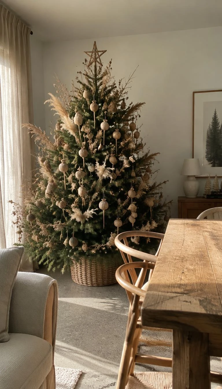 A candid, realistic iPhone photograph of a living room with a Christmas tree, filled with dried poppy seed pods, fluffy wild grasses, beige linen twine, sitting beside a raw timber dining table in a quiet sunlit space.