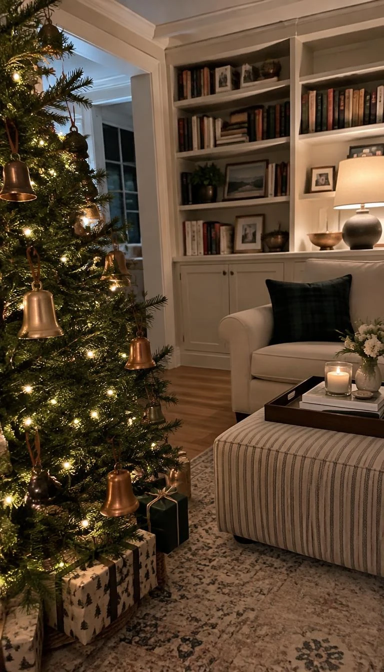 A candid, realistic iPhone photograph of a living room with a Christmas tree, dotted with warm polished copper bells, slim leather hanging straps, warm indoor evening lamp lighting in a cozy study with bookshelves.