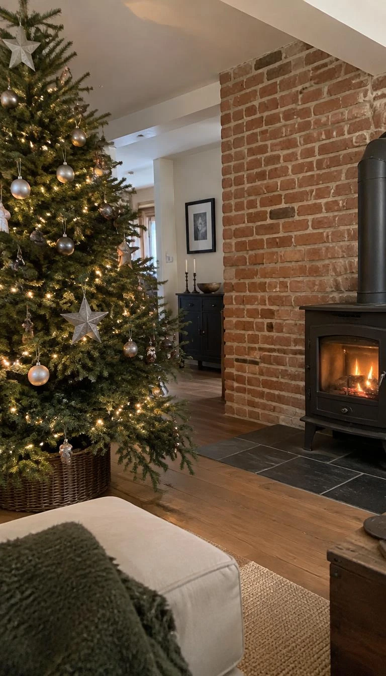 A candid, realistic iPhone photograph of a living room with a Christmas tree, featuring aged matte zinc stars with etched patterns, dark wire hooks, set beside an exposed brick wall and dark iron stove on slate tile.