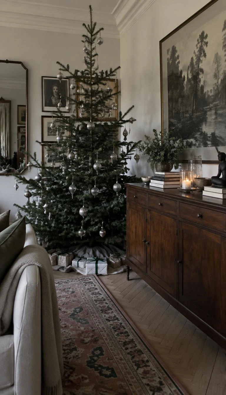 A candid, realistic iPhone photograph of a living room with a Christmas tree, a sparse alpine fir decorated with mottled silver mercury glass finials, delicate brass wire hooks, standing beside an antique wooden credenza on a patterned runner.