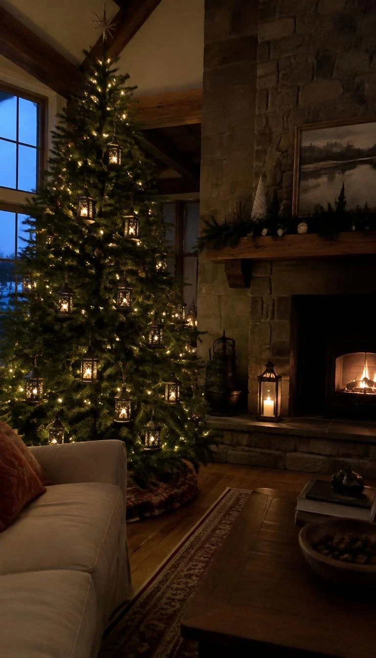 A candid, realistic iPhone photograph of a living room with a Christmas tree, adorned with small punched tin lanterns, glowing softly with warm electric tea lights, positioned in a stone hearth room at dusk with soft ambient glow.