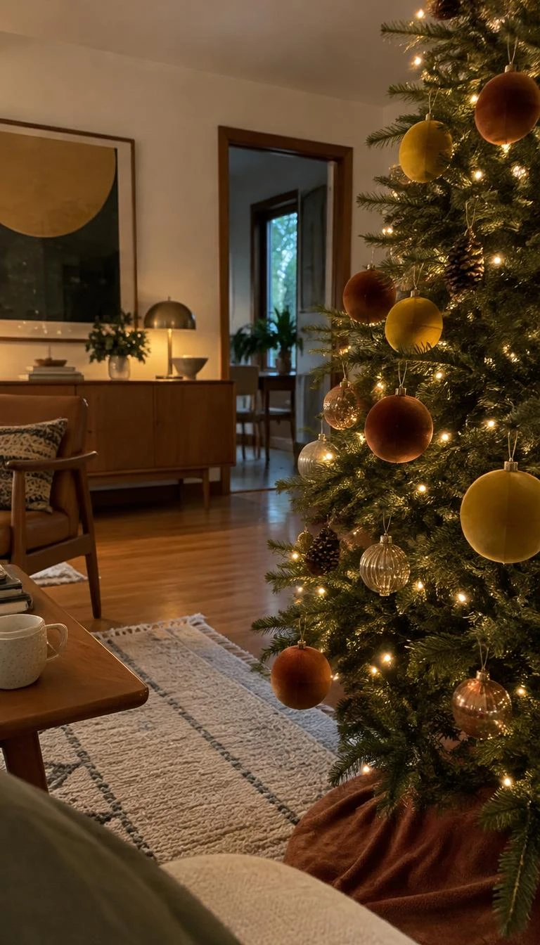 A candid, realistic iPhone photograph of a living room with a Christmas tree, showcasing ochre yellow and rust orange velvet covered ornament spheres nestled near warm tree bulbs, set in a midcentury styled room with warm wood.