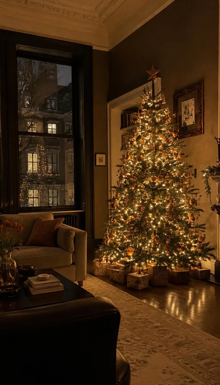 A candid, realistic iPhone photograph of a living room with a Christmas tree, illuminated with honey amber glass ornaments, ultra fine wire micro lights, in an evening brownstone living room with dark walnut floors and high ceilings.