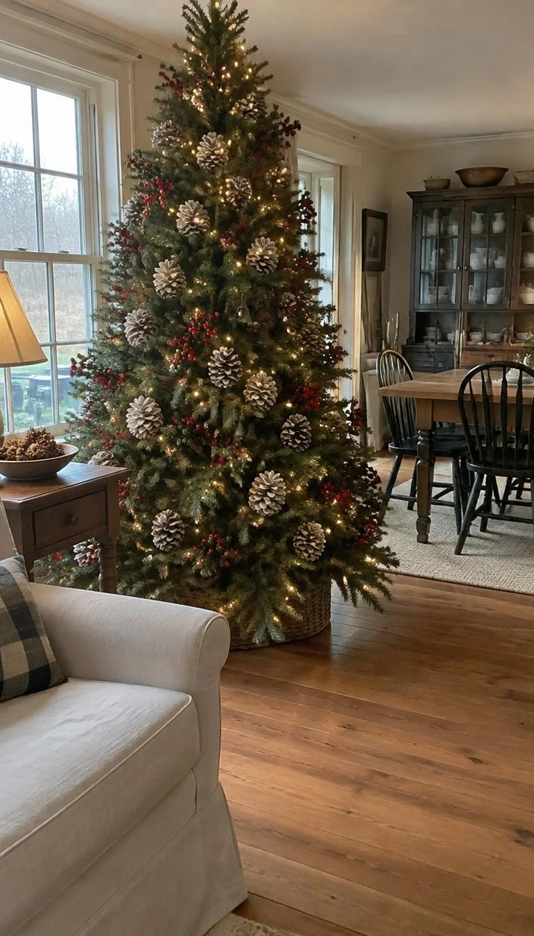 A candid, realistic iPhone photograph of a living room with a Christmas tree, styled with pale bleached pinecones, ruby red winterberry sprigs tucked inward toward the trunk, in a peaceful country dining room with wood flooring.