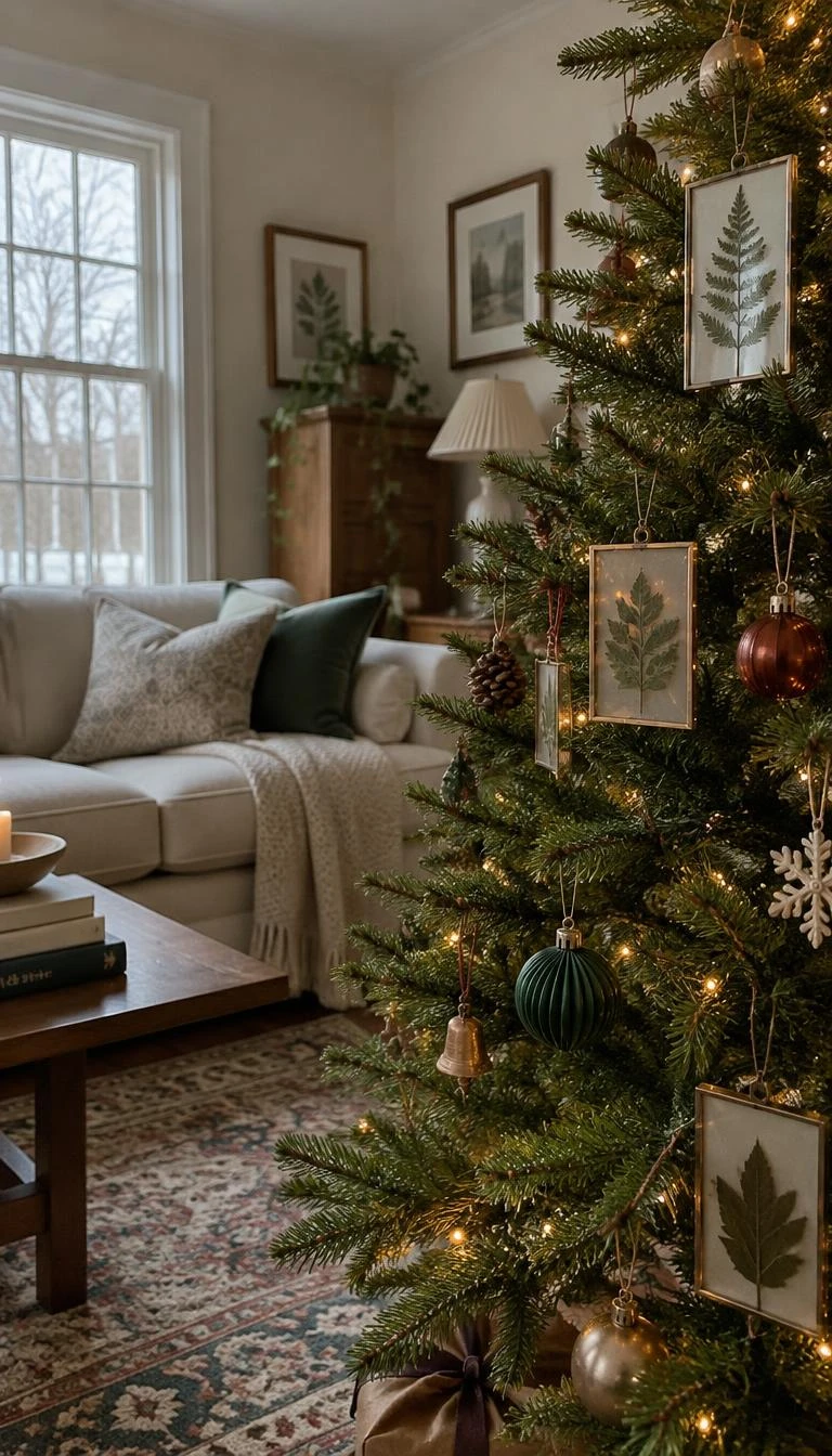 A candid, realistic iPhone photograph of a living room with a Christmas tree, featuring tiny glass frames with pressed green ferns and winter leaves, thin gold metal edges, soft daylight in a tranquil parlor with linen sofa.
