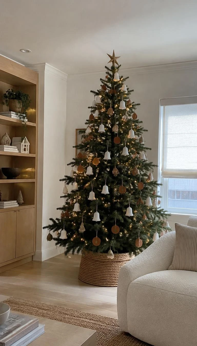 A candid, realistic iPhone photograph of a living room with a Christmas tree, decorated with unglazed white ceramic bells, terracotta discs, soft jute cords, standing in a minimalist room beside a white bouclé chair and light wood shelving.