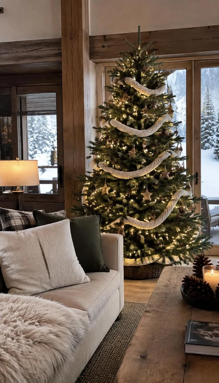 A candid, realistic iPhone photograph of a living room with a Christmas tree, wrapped with thick cream wool yarn garland, natural pine cones, simple wood stars, beside a plush wool sofa in a winter ski chalet.