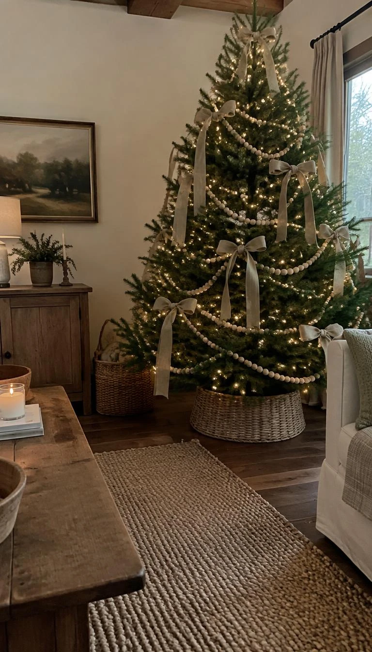 A candid, realistic iPhone photograph of a living room with a Christmas tree, draped with unfinished maple bead garland, raw linen ribbons tied in simple knots, nestled in a cozy cottage corner near a woven wool rug.