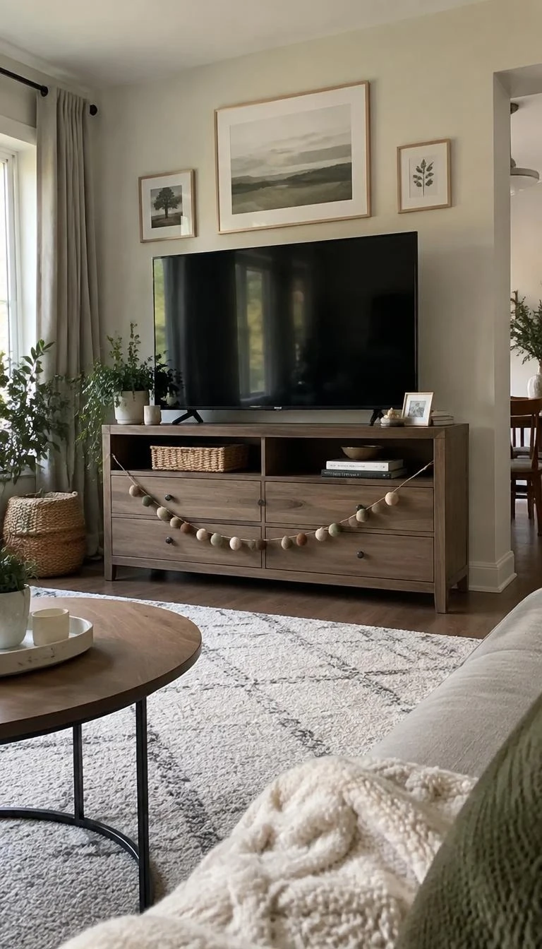 A candid, realistic iPhone photograph of a living room with a TV stand accented by a muted wool felt pom pom garland hung beneath the drawer pulls, soft daylight, cozy modern family room aesthetic.