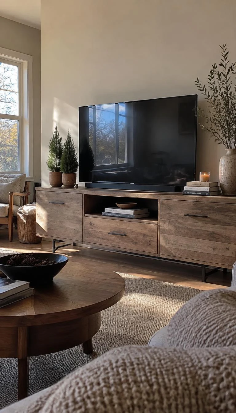 A candid, realistic iPhone photograph of a living room with a TV stand holding two small raw terracotta pots with dwarf cypress greenery, natural morning light, organic minimalist seasonal decor, candid real room.