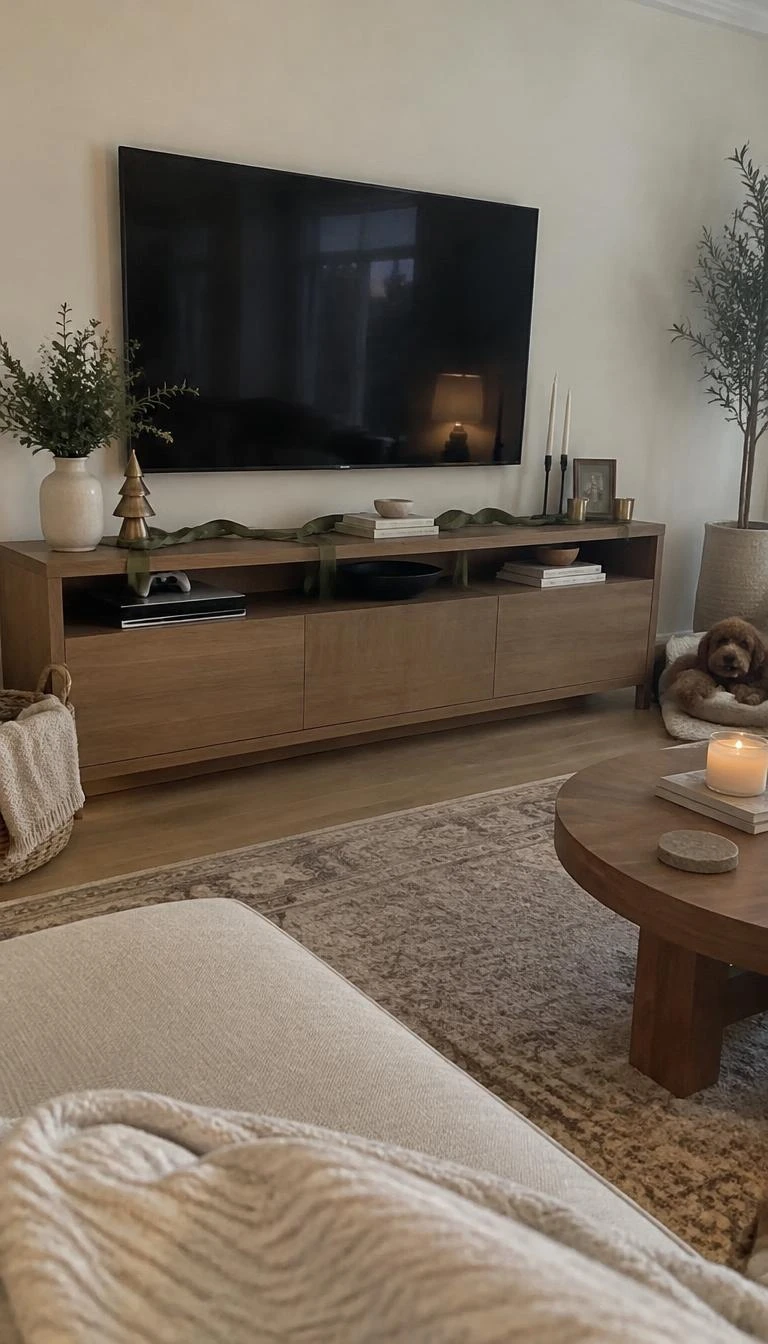 A candid, realistic iPhone photograph of a living room with a TV stand accented by a muted moss green velvet ribbon loosely looped across the upper shelf ledge, soft natural light, warm minimalist decor, candid indoor snapshot.