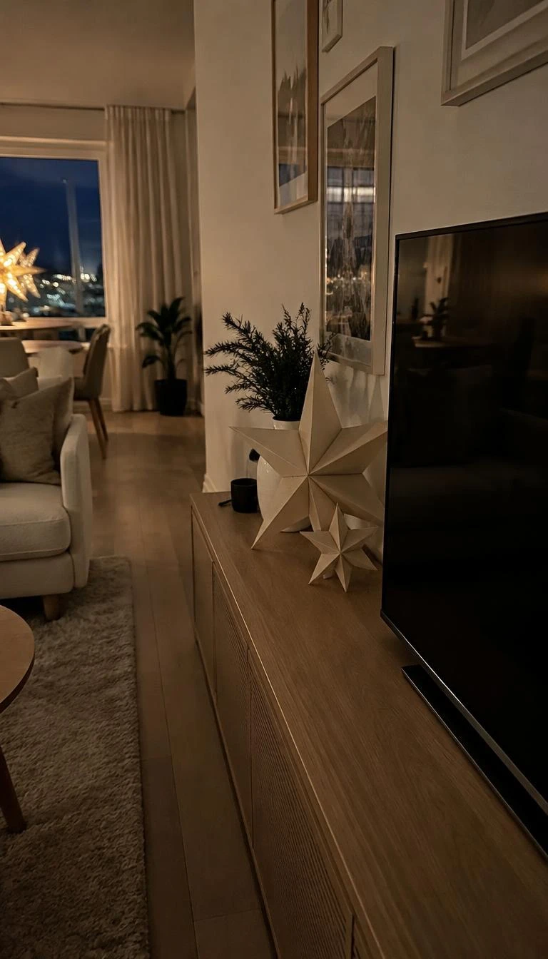 A candid, realistic iPhone photograph of a living room with a TV stand featuring folded cream paper stars resting on the console surface behind the television edge, soft evening lighting, Scandinavian modern aesthetic, calm holiday mood.