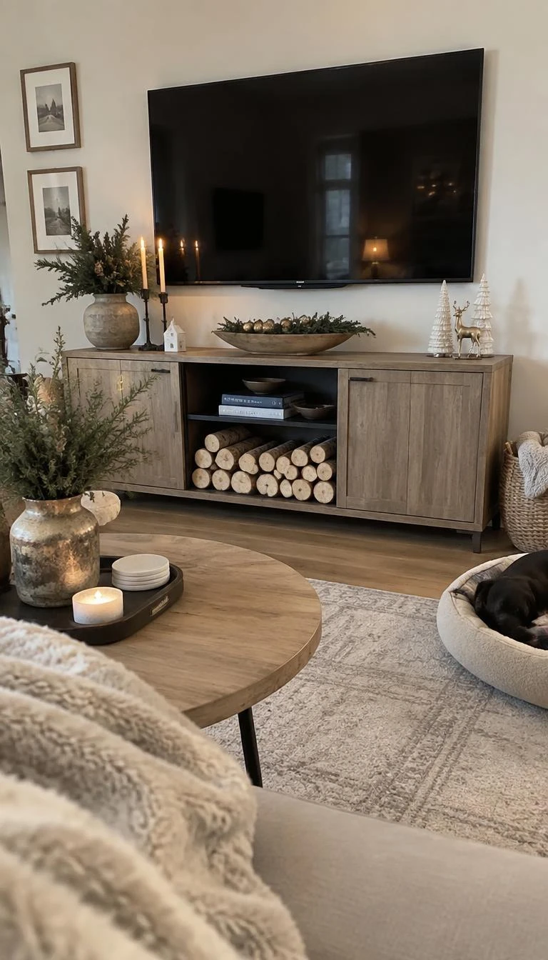 A candid, realistic iPhone photograph of a living room with a TV stand featuring white birch logs neatly stacked inside an open lower cabinet compartment, realistic winter decor, cozy organic textures, clean modern home.