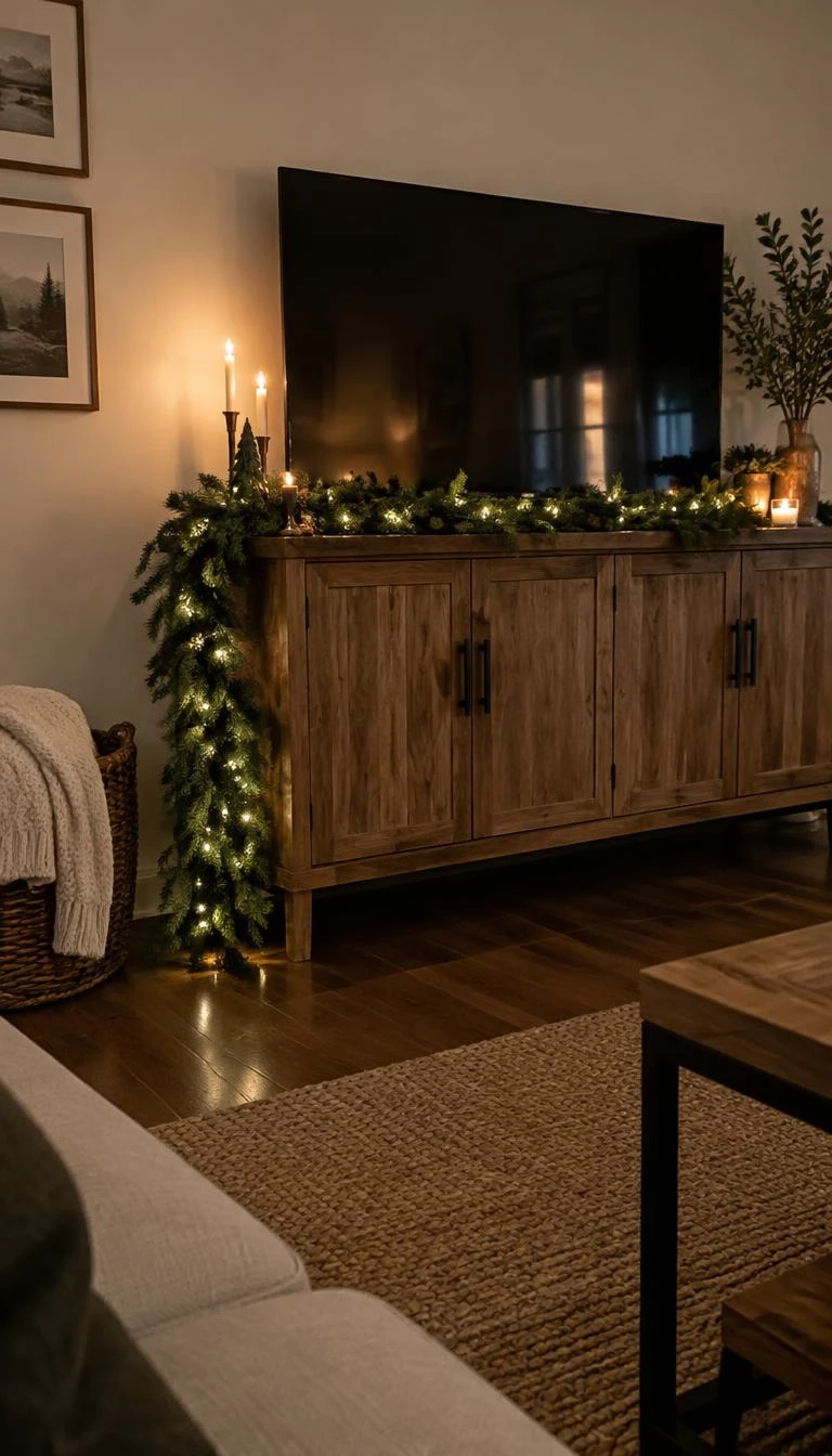 A candid, realistic iPhone photograph of a living room with a TV stand draped in fresh cedar garland flowing down the left side, warm ambient lighting, natural wood grain furniture, soft shadows, cozy holiday atmosphere, clean composition without clutter.